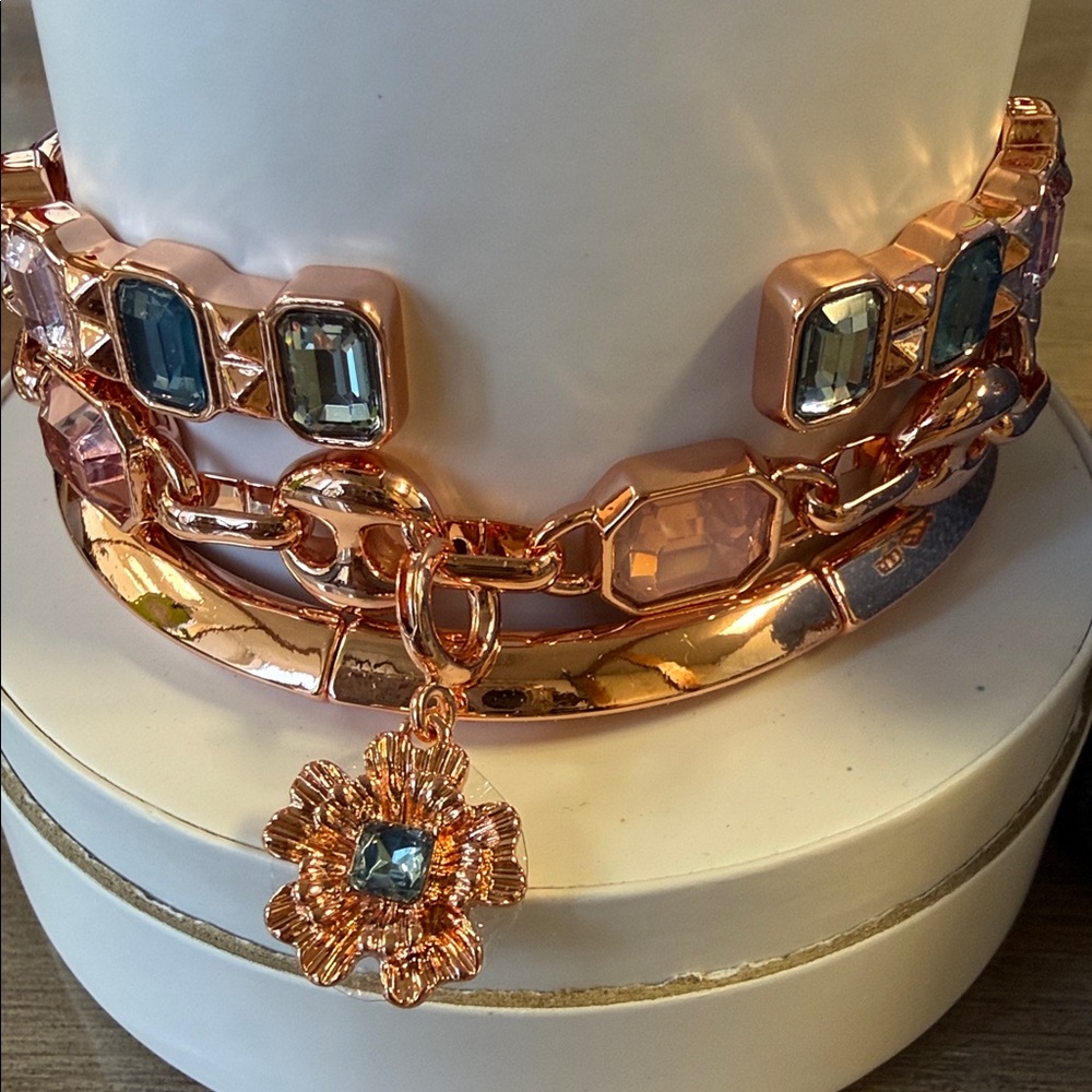 Gold-Tone Pink & Teal Crystal Link Bracelet Set - Picture 2 of 8